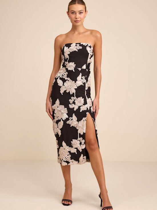 Lulus Dresses & Skirts - Lulus Kattalin Black Floral Applique Strapless Midi Dress - Size M